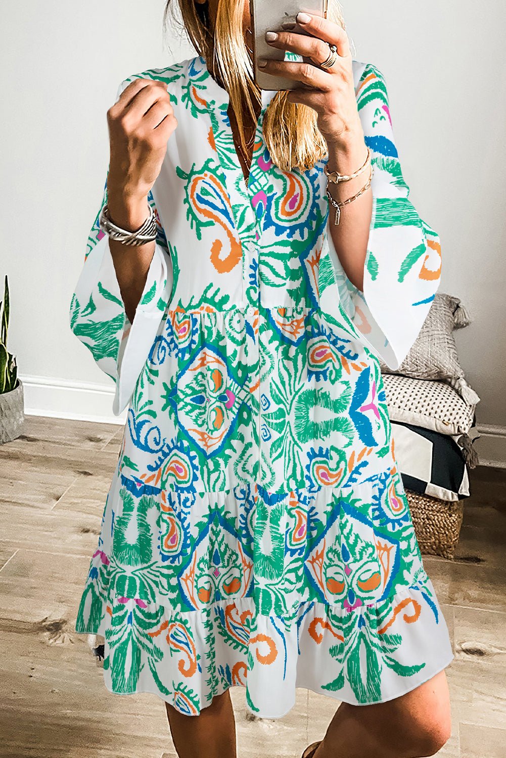 Mini - jurk met tribalprint, armbandmouwen en knoopsluiting - Bella Fit™