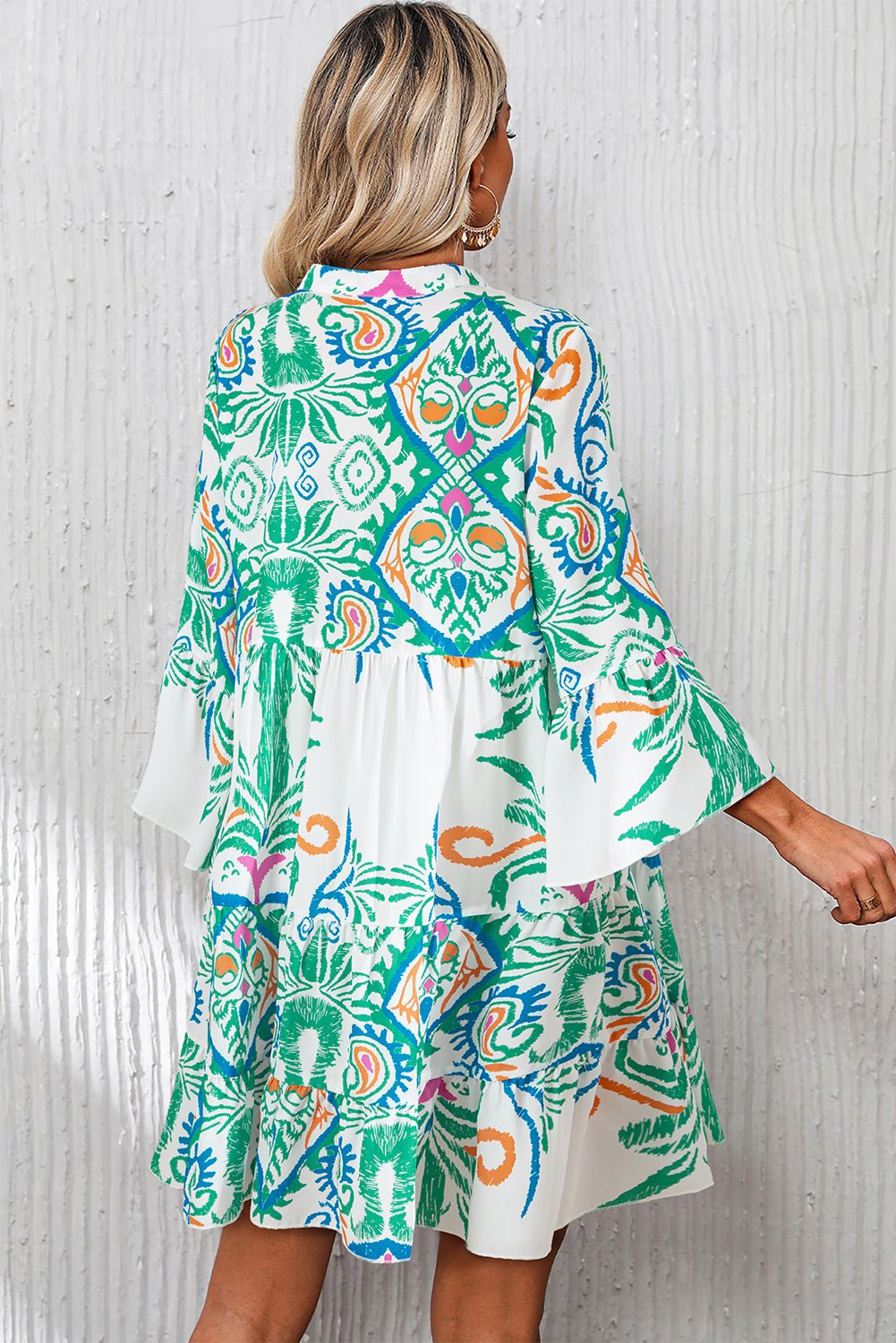 Mini - jurk met tribalprint, armbandmouwen en knoopsluiting - Bella Fit™