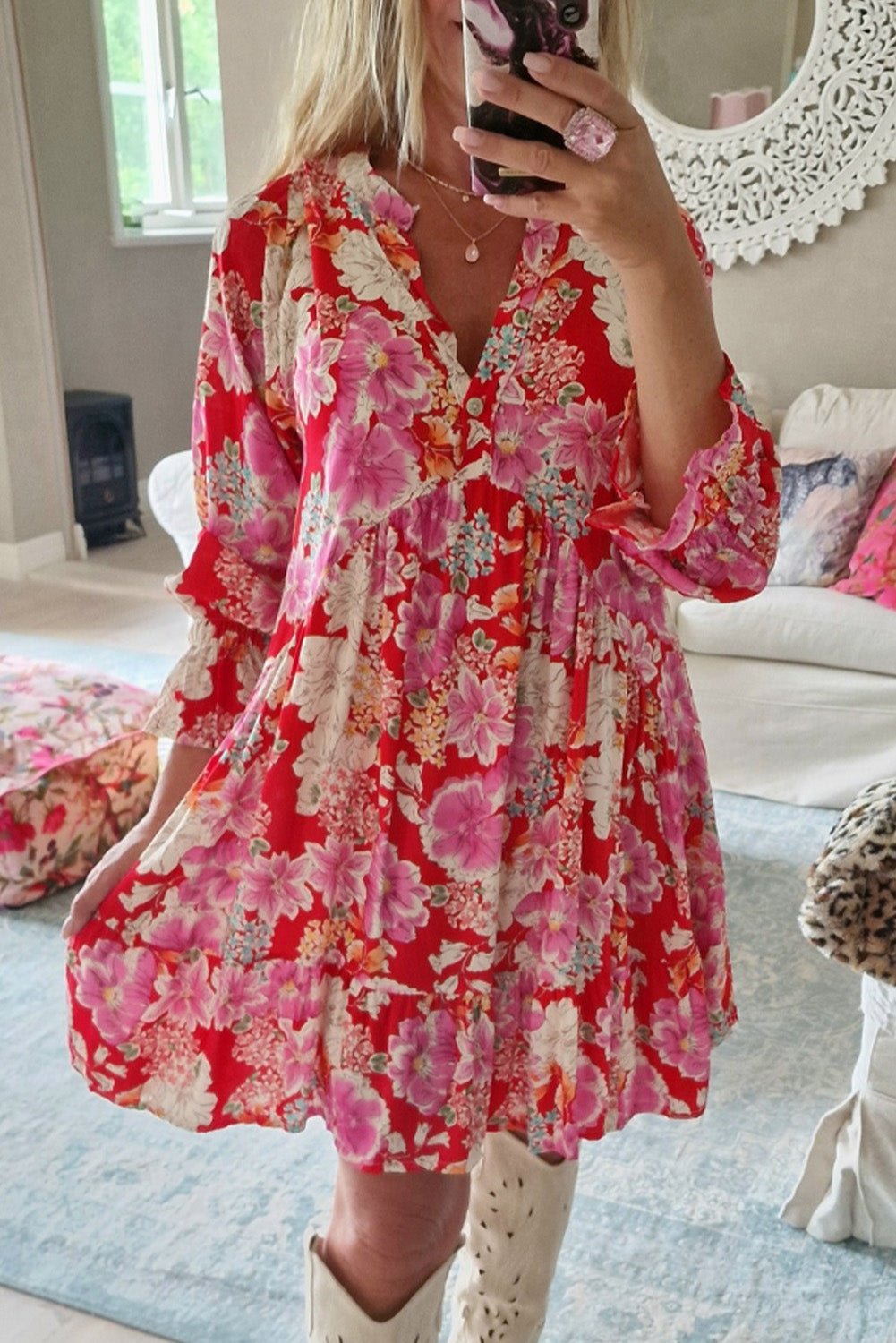 Rode Bloemenprint Babydoll Mini - jurk met V - hals en Hoge Taille - Bella Fit™