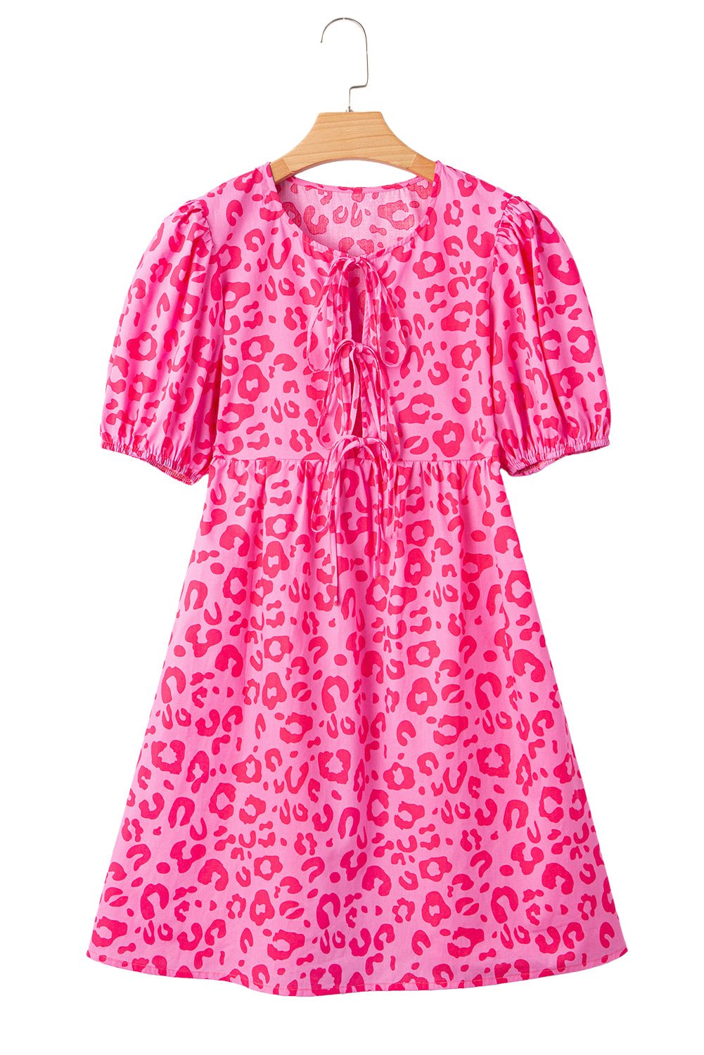 Roze mini - jurk met luipaardprint, pofmouwen, strikdetail en hoge taille - Bella Fit™