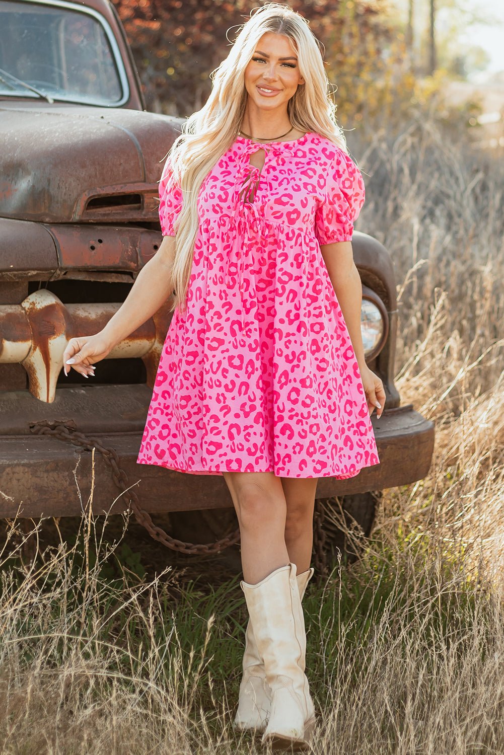Roze mini - jurk met luipaardprint, pofmouwen, strikdetail en hoge taille - Bella Fit™