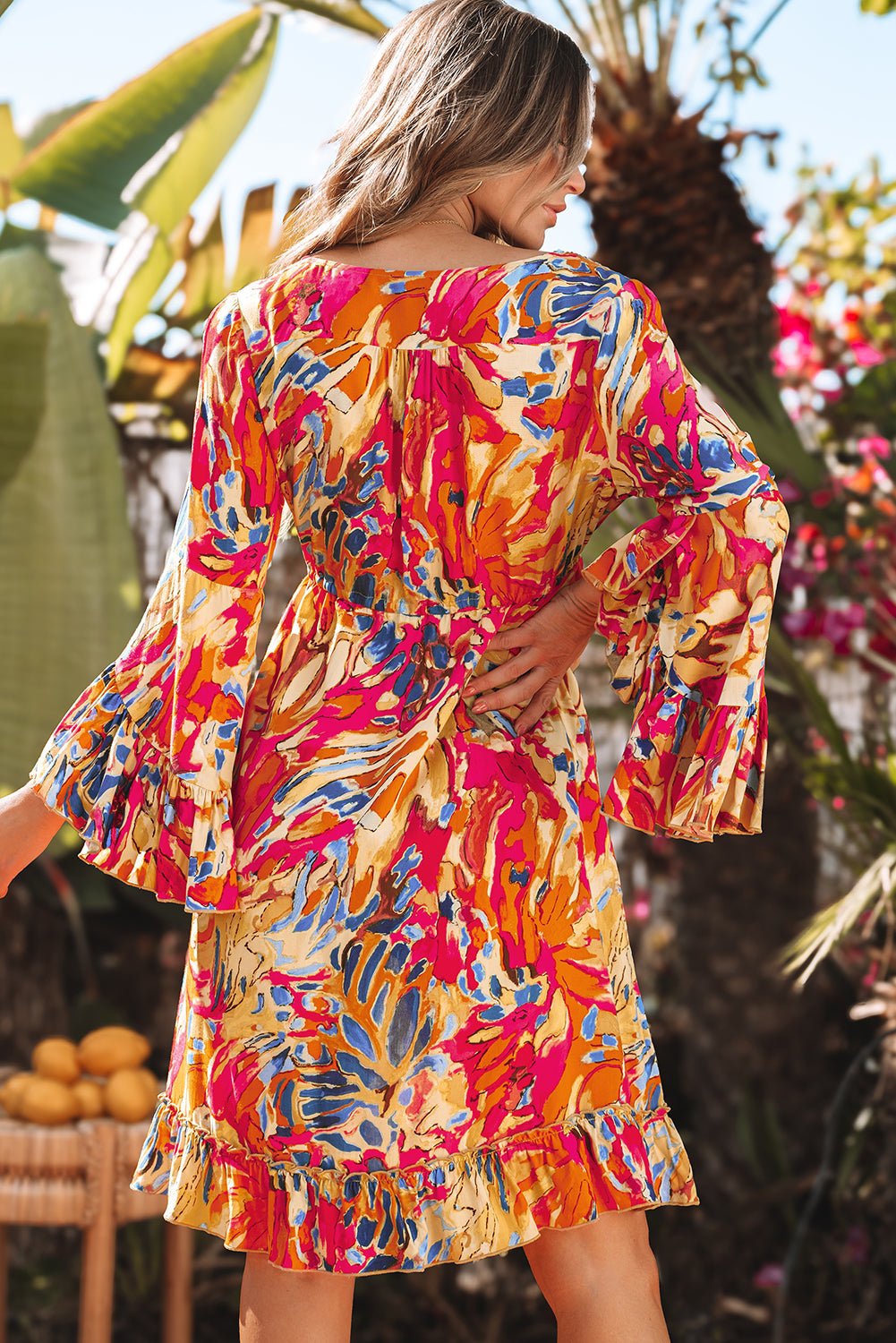 Roze plantenprint uitlopende mouw ruches zoom tuniek hoge taille zwierige jurk - Bella Fit™