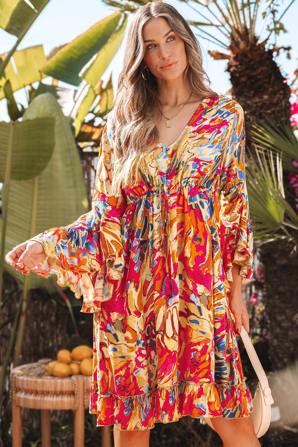 Roze plantenprint uitlopende mouw ruches zoom tuniek hoge taille zwierige jurk - Bella Fit™